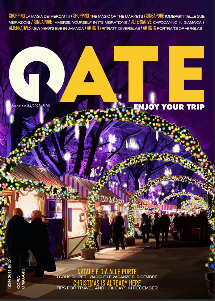 Gate magazine no. 34 cover illustrated by Sakina Zeghloul: a lively and festive Christmas market, with twinkling lights and decorated stalls, 2023